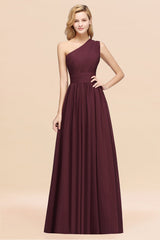 One Shoulder Pleated Chiffon A-line Bridesmaid Dress Burgundy