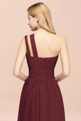 One Shoulder Pleated Chiffon A-line Bridesmaid Dress Burgundy