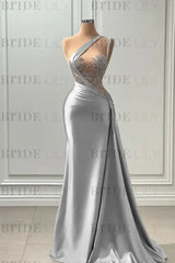One Shoulder Purple Mermaid Prom Dress with Pleated Beading