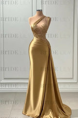 One Shoulder Purple Mermaid Prom Dress with Pleated Beading