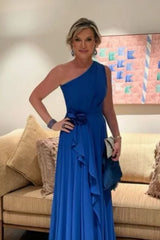 One Shoulder Royal Blue Ruffle Chiffon Mother of the Bride Dress