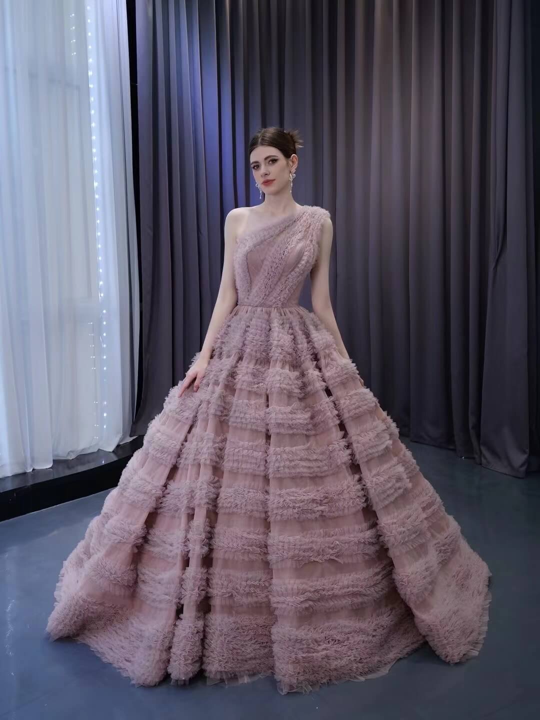 One Shoulder Ruffle Ball Gown Luxury Princess Quinceanera Dress Dusty Rose 231133