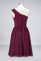One Shoulder Ruffle Short Burgundy Bridesmaid Dresses Chiffon