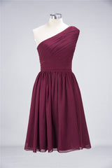 One Shoulder Ruffle Short Burgundy Bridesmaid Dresses Chiffon
