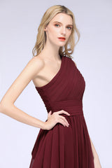 One Shoulder Ruffle Short Burgundy Bridesmaid Dresses Chiffon