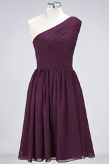 One Shoulder Ruffle Short Burgundy Bridesmaid Dresses Chiffon