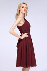 One Shoulder Ruffle Short Burgundy Bridesmaid Dresses Chiffon