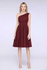 One Shoulder Ruffle Short Burgundy Bridesmaid Dresses Chiffon