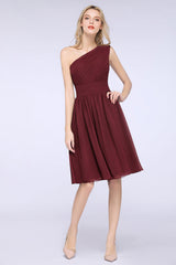 One Shoulder Ruffle Short Burgundy Bridesmaid Dresses Chiffon