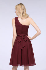 One Shoulder Ruffle Short Burgundy Bridesmaid Dresses Chiffon