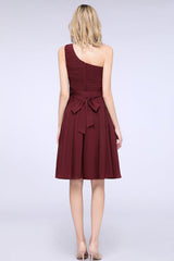 One Shoulder Ruffle Short Burgundy Bridesmaid Dresses Chiffon