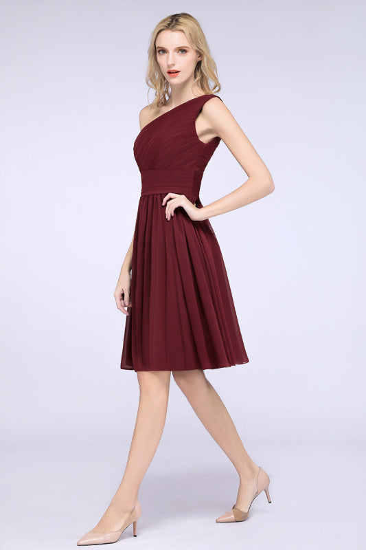 One Shoulder Ruffle Short Burgundy Bridesmaid Dresses Chiffon