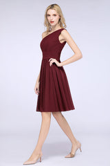 One Shoulder Ruffle Short Burgundy Bridesmaid Dresses Chiffon