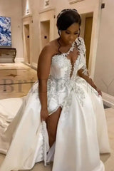 One Shoulder Satin Aline Wedding Dresses Front Slit Wedding Gown with Train