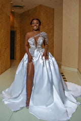 One Shoulder Satin Aline Wedding Dresses Front Slit Wedding Gown with Train