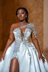 One Shoulder Satin Aline Wedding Dresses Front Slit Wedding Gown with Train