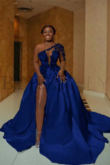 One Shoulder Satin Aline Wedding Dresses Front Slit Wedding Gown with Train