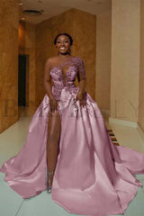 One Shoulder Satin Aline Wedding Dresses Front Slit Wedding Gown with Train