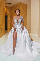 One Shoulder Satin Aline Wedding Dresses Front Slit Wedding Gown with Train