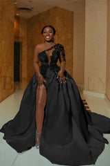 One Shoulder Satin Aline Wedding Dresses Front Slit Wedding Gown with Train