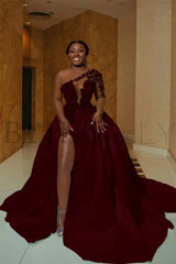 One Shoulder Satin Aline Wedding Dresses Front Slit Wedding Gown with Train