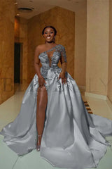One Shoulder Satin Aline Wedding Dresses Front Slit Wedding Gown with Train