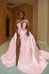 One Shoulder Satin Aline Wedding Dresses Front Slit Wedding Gown with Train