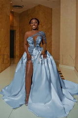 One Shoulder Satin Aline Wedding Dresses Front Slit Wedding Gown with Train