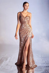 Cinderella Divine CH182 One Shoulder Sequin Long Prom Dress