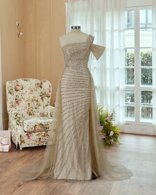 One-Shoulder Sequined Prom Gown with Trail Slit
