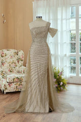 One-Shoulder Sequined Prom Gown with Trail Slit
