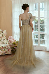 One-Shoulder Sequined Prom Gown with Trail Slit
