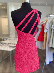 One épaule Robes de bal à rose vif chaud, une épaule