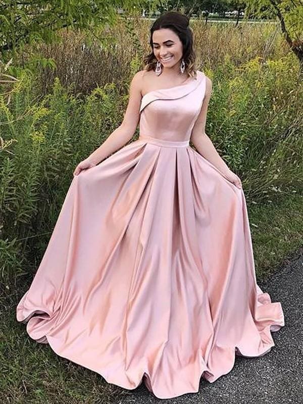 One-Shoulder Sleeveless Sweep/Brush Train With Ruffles Satin Dresses