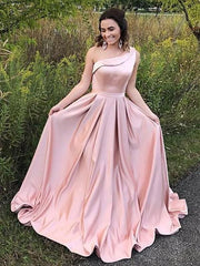 One-Shoulder Sleeveless Sweep/Brush Train With Ruffles Satin Dresses