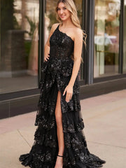 One Shoulder Tiered Prom Dresses with Slit Lace Applique Formal Dresses - FD3637e