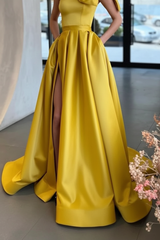 One Shoulder Yellow Satin Prom Dresses with High Slit Aline Graduation Evening Dresses