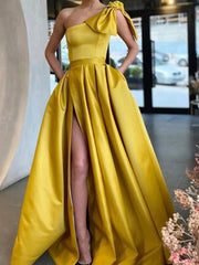 One Shoulder Yellow Satin Prom Dresses with High Slit Aline Graduation Evening Dresses
