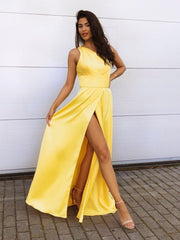 One Shoulder Yellow Satin Long Prom with High Slit, One Shoulder Yellow Formal, Yellow Evening