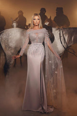 One Sleeve Heavy Sequin Prom Dress with Belt, Long Satin Slit Tulle