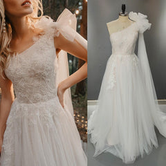 Real A Line Tulle Lace Wedding Dresses One Shoulder with Shawl