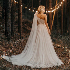 Real A Line Tulle Lace Wedding Dresses One Shoulder with Shawl