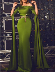 A-Line Evening Gown Elegant Dress Formal Court Train Long Sleeve Off Shoulder Stretch Satin with Pleats Ruched Sequin