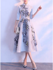 A-Line Mother of the Bride Dress Elegant Vintage High Neck Tea Length Lace Tulle Half Sleeve with Appliques