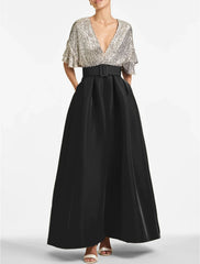 A-Line Evening Gown Party Dress Sparkle & Shine Dress Formal Wedding Guest Ankle Length Half Sleeve V Neck Fall Wedding Guest Sequined with Sequin Strappy