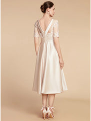 Aimishang  A-Line Mother of the Bride Dress Wedding Guest Elegant Petite Scoop Neck Knee Length Satin Lace Half Sleeve with Appliques Ruching Solid Color