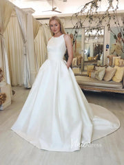 Open Back Satin Minimalist Wedding Dresses with Pockets VW1323
