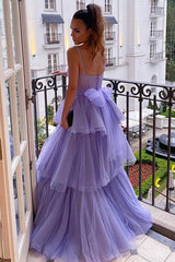 Open Back Spaghetti Straps Lilac Tulle Layered Long Prom Dresses, Purple Tulle Formal Evening Dresses