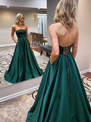 Open Back Strapless Green Satin Prom Dresses Long with Pocket