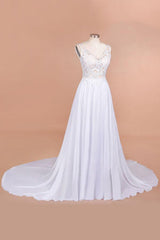 Open Back V-neck Lace Chiffon Wedding Dress